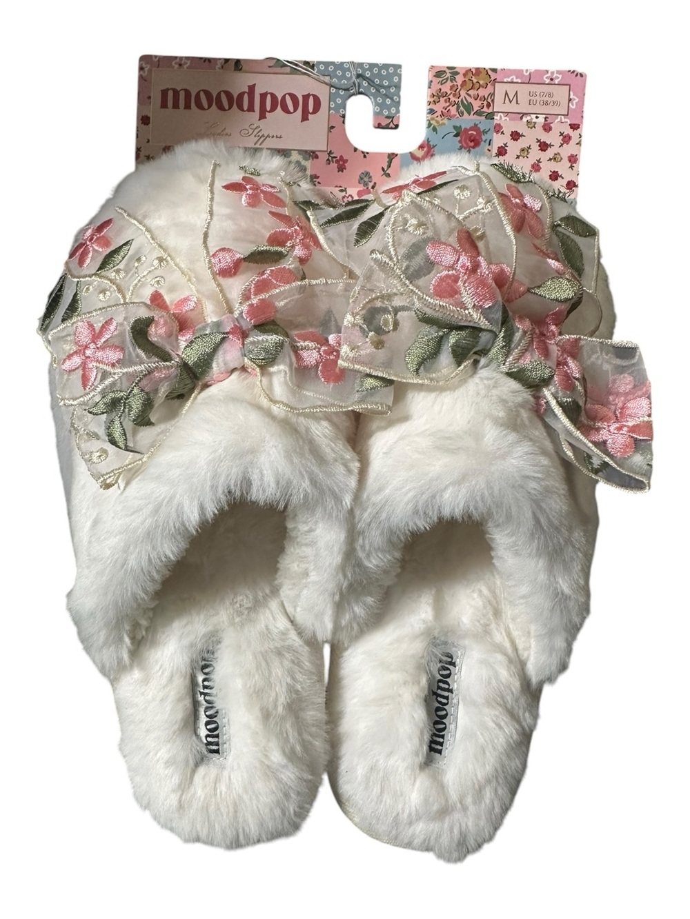 MoodPop Cream Faux Fur Slippers with Floral Bow Accent NWT